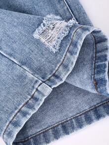 Tween Girl Elastic Waistband Dual Pockets Fashion Distressed Casual Loose Straight Leg Denim Jeans - Blue - View 7