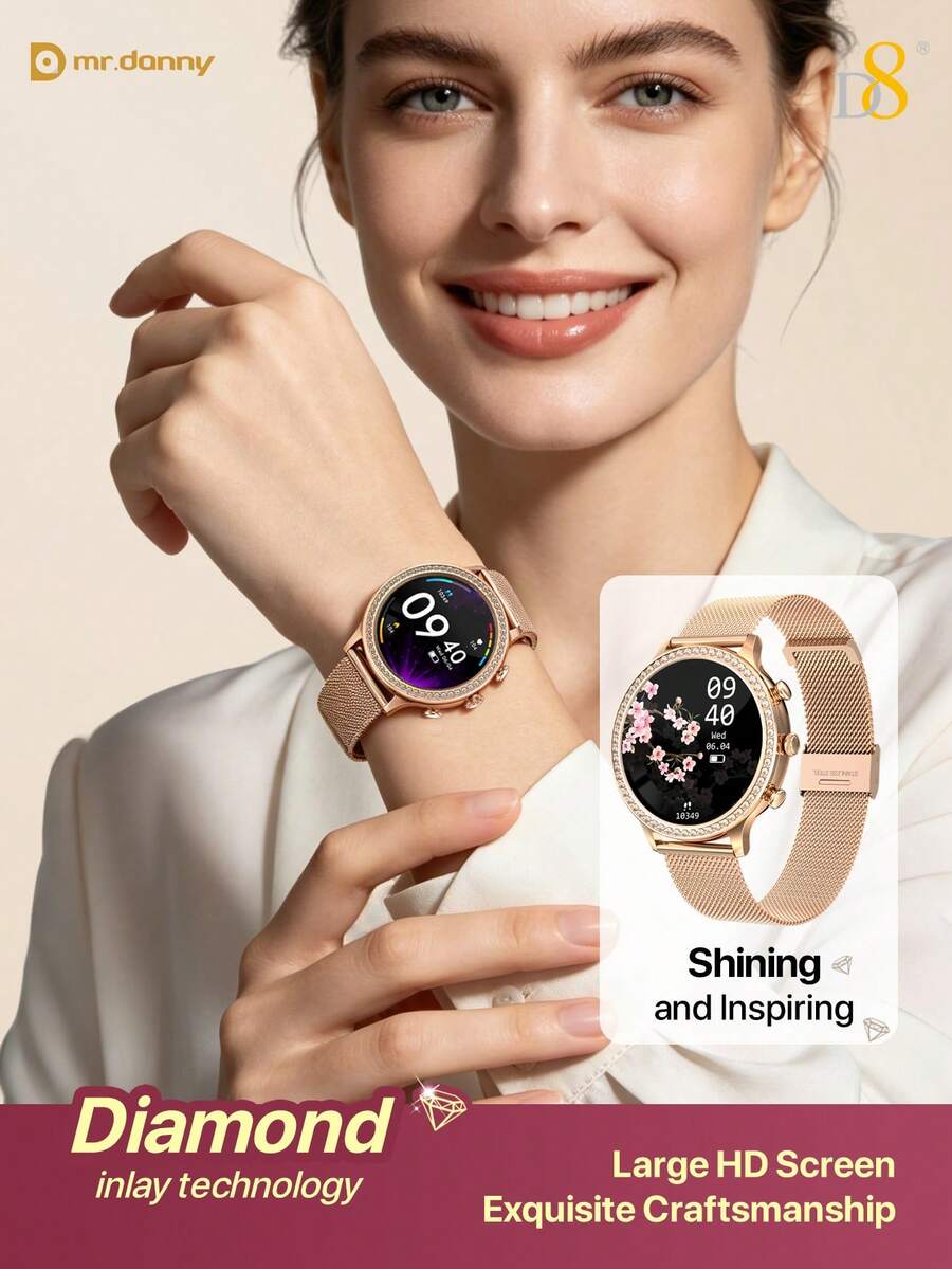 D8 Luxury Smart Watch With Rhinestone Bezel, 1.32-Inch HD Touch Screen, Wireless Bluetooth Call, Answer And Dial, IP68 Waterproof, 100+ Fitness Sports Modes, Heart Rate, Blood Oxygen, Sleep Monitoring, Calorie Counting, Compatible With Android And IOS