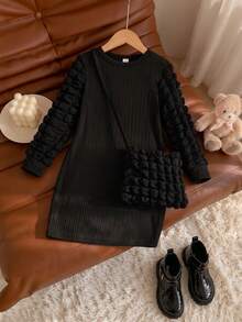 Young Girls Solid Ribbed Bubble Sleeve Knit Dress With Textured Crossbody Bag, Elegant Long Sleeve Puff Sleeve Sweater Dress, Casual Fall Outfits - Black - View 4