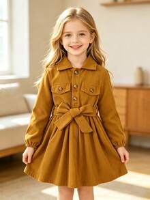 Girls' Solid Color Single-Breasted Half-Cardigan Collar Shirt Dress, Fashion Formal Dress Suitable For Spring, Summer, Autumn And Winter - Yellow - View 1