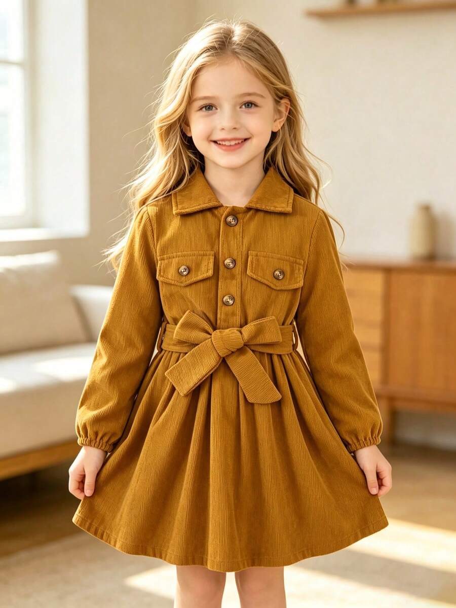 Girls' Solid Color Single-Breasted Half-Cardigan Collar Shirt Dress, Fashion Formal Dress Suitable For Spring, Summer, Autumn And Winter - Yellow - View 1
