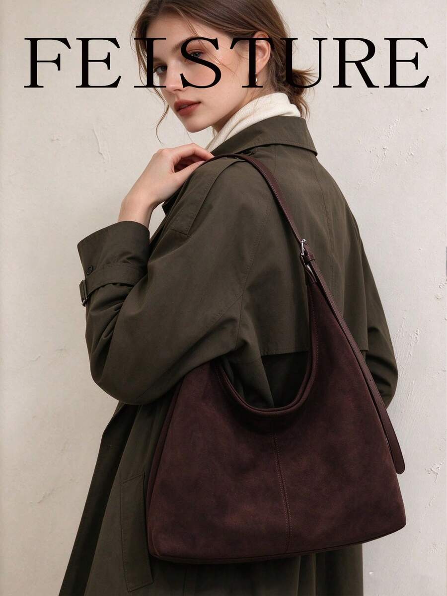 1pc FEISTURE Women Suede Large Capacity Underarm Bag Crossbody Sling Bag (With Small Pouch), Suitable For Girls, Ladies, College Students