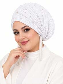 CONFLASS Hijab Berlipit dengan Hiasan Manik-Manik Rhinestone Berkilau, Desain Tali Serut dan Rumbai yang Dapat Diatur, Aksesori Harian Elegan untuk Wanita - MultiWarna - View 11