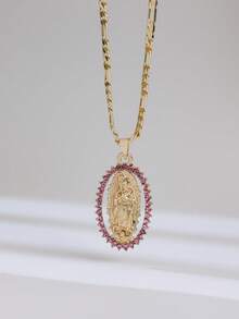Multi-Style Zirconia Encrusted Oval Virgin Mary Pendant, Gold Plated Religious Catholic Jewelry, Faith Statement Ornament For Girls Holiday Gift - Virgin Mary - View 7