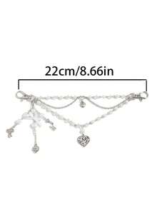 1pc Sweet Cool INS Style Faux Pearl Beaded Bag Chain, Creative Heart Bow Tassel Bag Charm Pendant - Silver - View 5