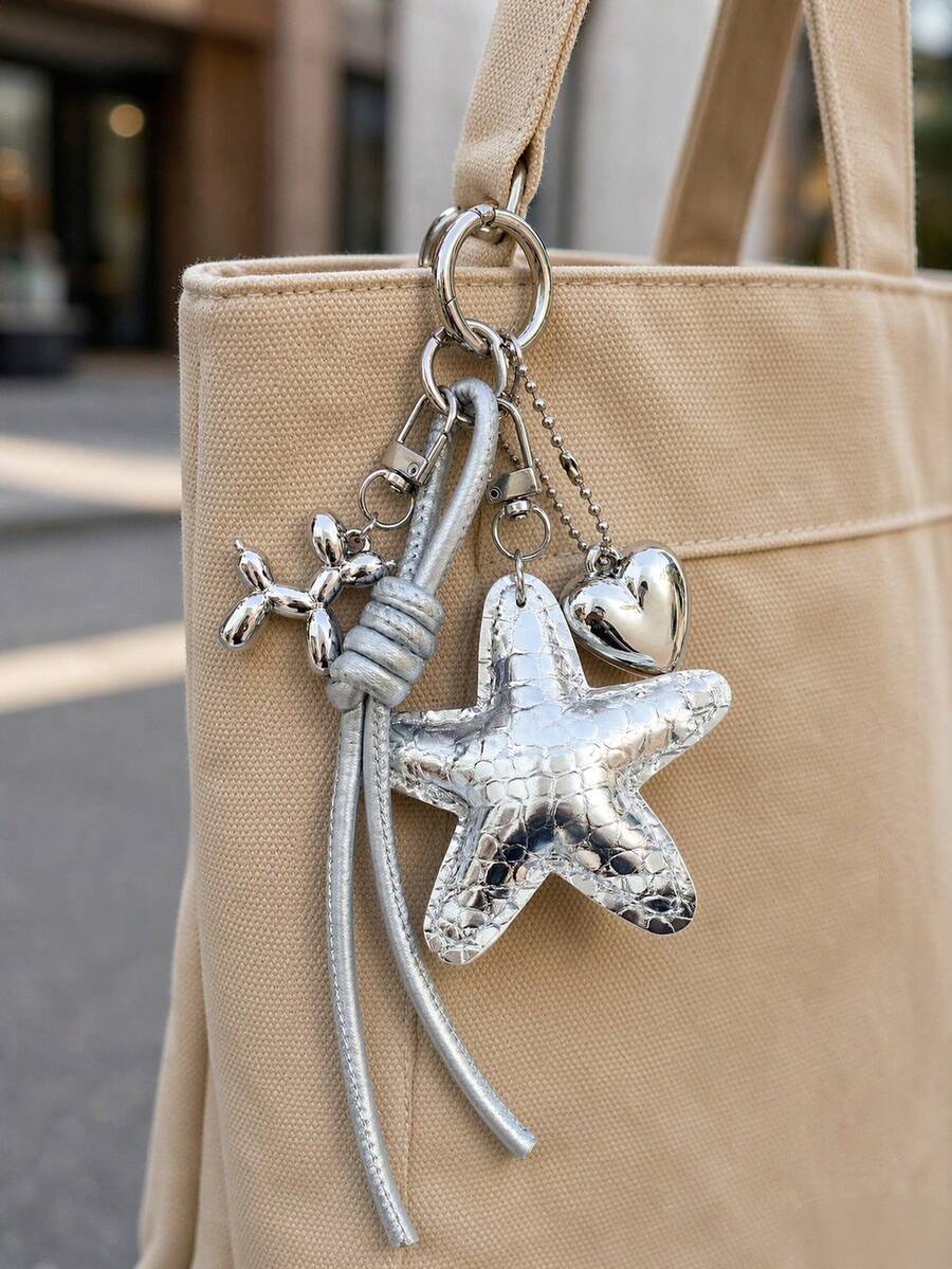 Cross-Border Silver Textured Star Keychain, Cute Balloon Dog Heart Pendant, Bag Decoration Charm, Backpack Handbag Accessory - Multicolor - View 1