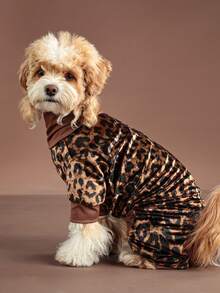Vintage Brown Leopard Print Comfortable Soft Pet Four-Legged Jumpsuit High Collar Autumn/Winter Dog Loungewear, Suitable For Small Dogs, Medium Dogs And Cats, Bichon, Teddy - Brown - View 2