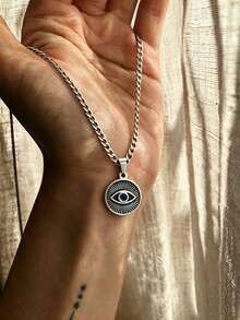 American Retro Stainless Steel Necklace, Round Tag With Color Stone Eye Embossed Pendant For Men Daily Street Outfit - Silver - View 1