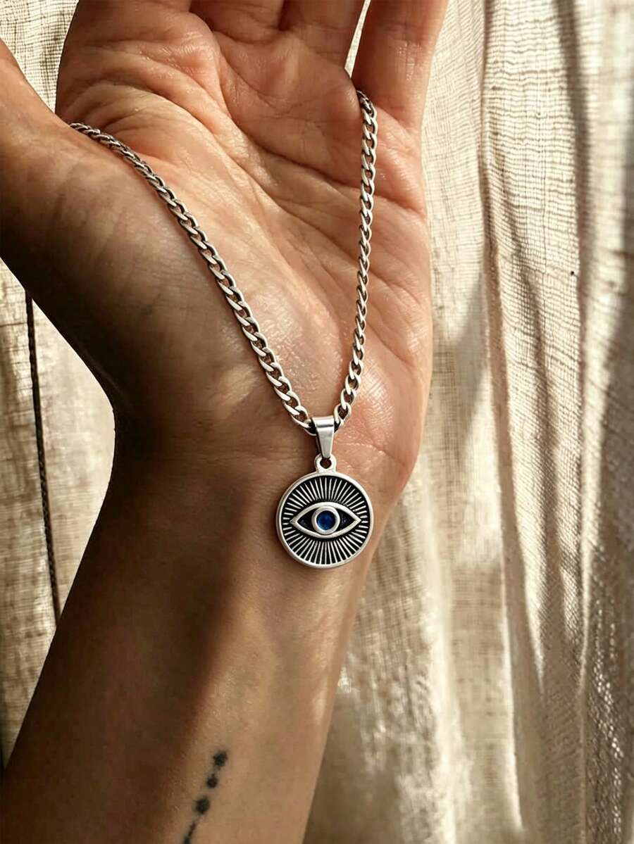 American Retro Stainless Steel Necklace, Round Tag With Color Stone Eye Embossed Pendant For Men Daily Street Outfit - Silver - View 1