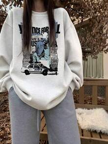 Retro Newspaper Poster Graphic Print Sweatshirt For Women, Casual Loose Fit Crew Neck Pullover, Versatile Lazy Style Autumn/Winter Top - White-gray - View 9