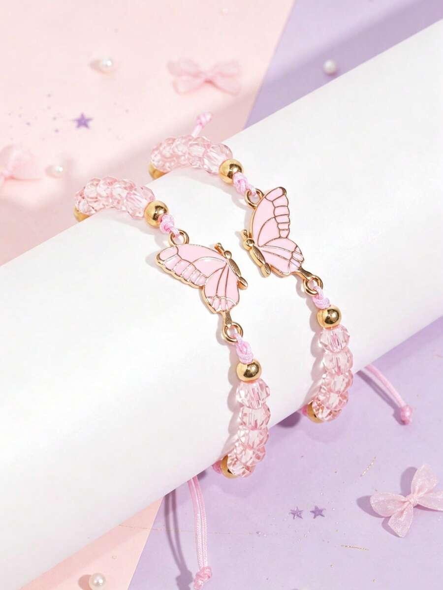 2pcs/Set Minimalist Fashion Butterfly Alloy Pendant Braided Bracelet Set, Girls Best Friend Daily Wear Sister Friendship Accessory Gift - Multicolor - View 1