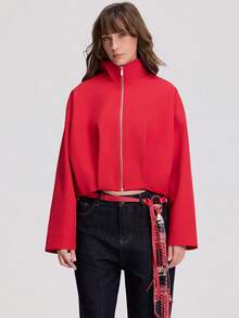 Women's Autumn/Winter Long Sleeve Stand Collar Zipper Flight Jacket - Red - View 3
