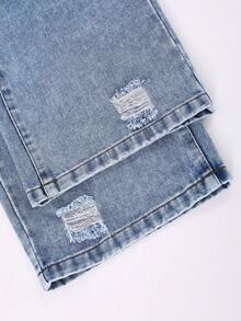 Tween Girl Elastic Waistband Dual Pockets Fashion Distressed Casual Loose Straight Leg Denim Jeans - Blue - View 6