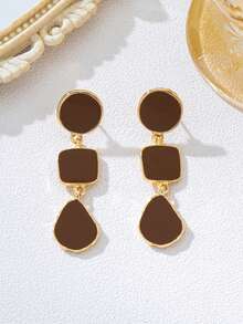 1 Pair French Vintage Enamel Asymmetrical Geometric Long Dangle Earrings, Suitable For Women's Daily Wear, Dating, Banquet, Party, Wedding Accessory - Coffee Brown - View 3