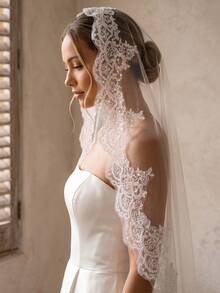 1 Pc Mantilla Wedding Veil Lace Applique With Sequins Fingertip Length Bridal Veil With Invisible Comb For Brides - Multicolor - View 5