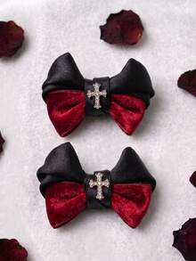 2pcs Women's Black & Red Cat Ear Cross Hair Clips Gothic Style Hair Clips Suitable For Halloween Outfit & Cosplay Outfit - Black and Red - View 6