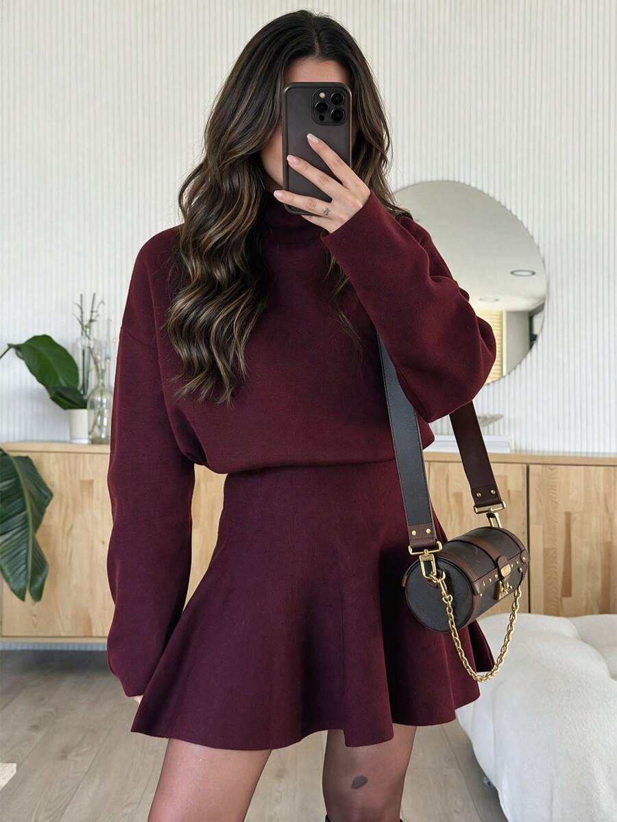 PoPoHouse Autumn/Winter Women's Faux Collar Long Sleeve Knit Dress, Gentle Elegant High Waist A-Line Short Style, Suitable For Daily Commute - Burgundy - View 1