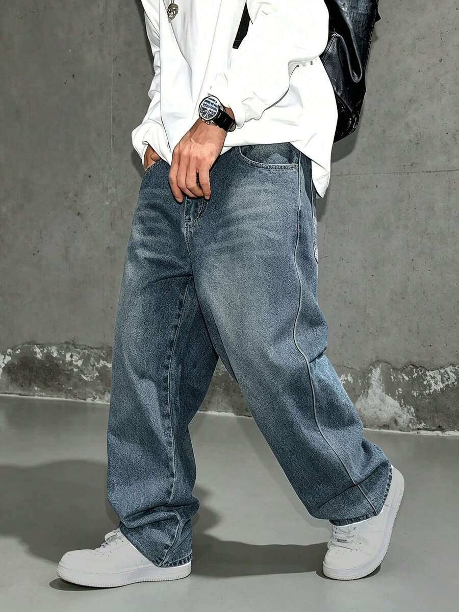 Celana Jeans Denim Fashion Anak Laki-Laki, Celana Panjang Lurus Kasual Longgar Musim Semi/Musim Gugur Terbaru - Biru - View 1