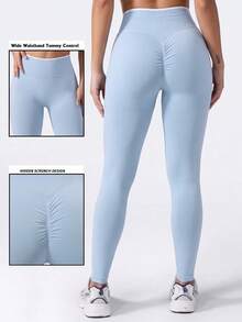 Women's Shaping Leggings, Contrast Trim, Waist Sculpting & Butt Lift, Suitable For Yoga, Gym - Baby Blue - View 1