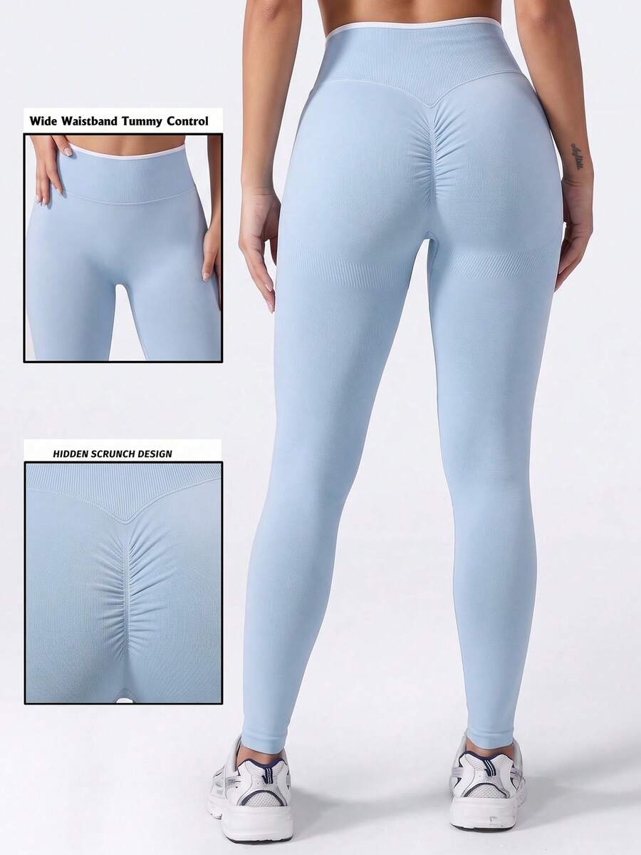 Women's Shaping Leggings, Contrast Trim, Waist Sculpting & Butt Lift, Suitable For Yoga, Gym - Baby Blue - View 1
