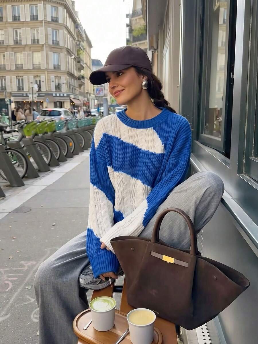Women's Knitted Pullover Sweater, Long Sleeve Regular Fit, Ribbed And Cable Knit Details, Slightly Elastic Fabric, Y2K Fashion - Blue and White - View 1