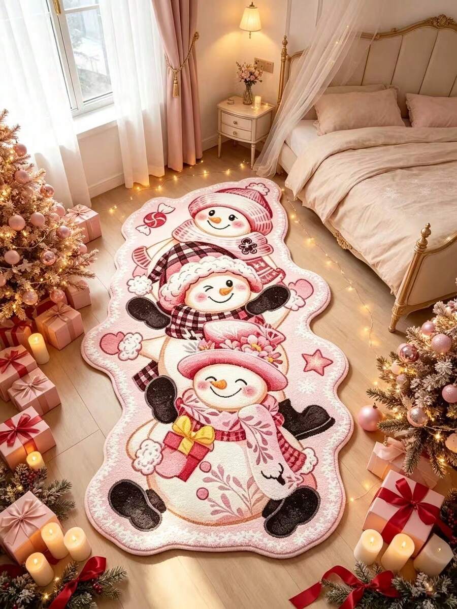 1PC Pink Cute Christmas Snowman Holiday Decorative Rug, Bedroom Decor, Small Rug, Carpet, Home Decor, Living Room Rug, Living Room Small Rug, Bedroom Rug, Living Room Home Decor - A - View 1