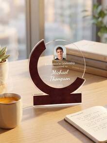 1pc Custom Photo And Text Acrylic Wood Plaque Award, Crescent Circle Personalized Trophy, Engraved Recognition Award For Leadership Excellence, Employee Appreciation Desktop Keepsake Gift - Multicolor - View 2
