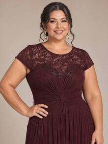 EVERPRETTY Plus Size Elegant Cap Sleeve Lace Patchwork A-Line Glitter Burgundy Formal Evening Gown Suitable For Wedding Guest Bride Mother Evening Party Dress - Burgundy - View 2
