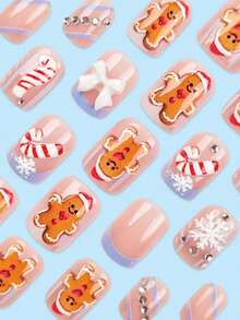 Christmas 24PCS Short Squoval Handmade Press On Nails Nude Pink Base With 3D Gingerbread Man Candy Cane White Bow Snowflakes And Rhinestone Design Glossy Festive Holiday False Nails Nail Kit With Jelly Tabs - Baby Pink - View 3