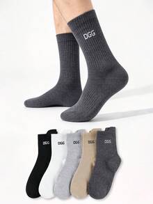 Men's 5 Pairs Random Solid Color Letter Jacquard Crew Socks, Basic Simple Breathable Mid Calf Socks For Daily Casual Wear - Multicolor - View 1