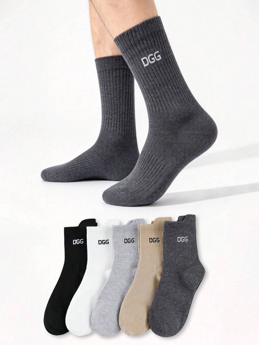 Men's 5 Pairs Random Solid Color Letter Jacquard Crew Socks, Basic Simple Breathable Mid Calf Socks For Daily Casual Wear - Multicolor - View 1