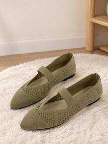 Women Pointed Toe Mary Jane Flats With Elastic Strap - Green - View 6