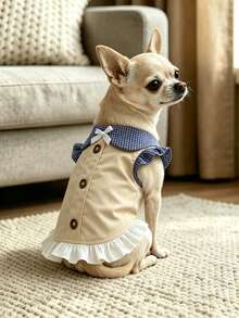 1pc Sweet Plaid Ruffle Pet Dress, Bow Collar Design, Princess Style Small Dog Outfit, Suitable For Chihuahua, Teddy, Bichon Frise And Other Small Dogs Daily Wear, Birthday Party, Photoshoot - Multicolor - View 1