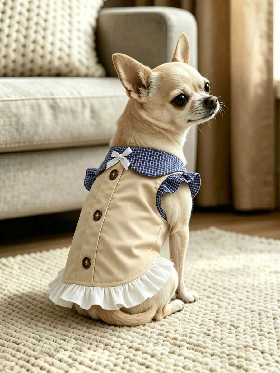 1pc Sweet Plaid Ruffle Pet Dress, Bow Collar Design, Princess Style Small Dog Outfit, Suitable For Chihuahua, Teddy, Bichon Frise And Other Small Dogs Daily Wear, Birthday Party, Photoshoot - Multicolor - View 1