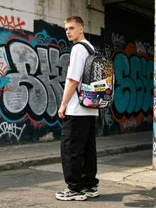 1pc Fashion Pattern Multi-Purpose Backpack, Popular Lightweight Printed Backpack, Fashionable Outdoor Commuter Bag, Large Capacity Travel Bag, Multi-Function Storage Backpack, Adjustable Shoulder Straps, Back To School, Valentine's Day Best Gift, Gift For Friends Or Others, Gift For Men, A Fun Gift - Black - View 6