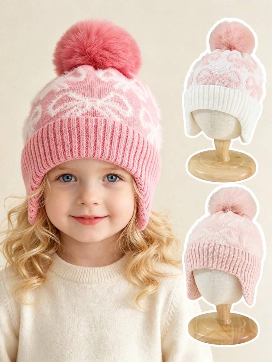 Children's Bow Knot Knitted Hat, Autumn/Winter Ear-Protective Warm Knitted Hat, Thickened Warm Beanie, Suitable For Boys And Girls - Multicolor - View 1