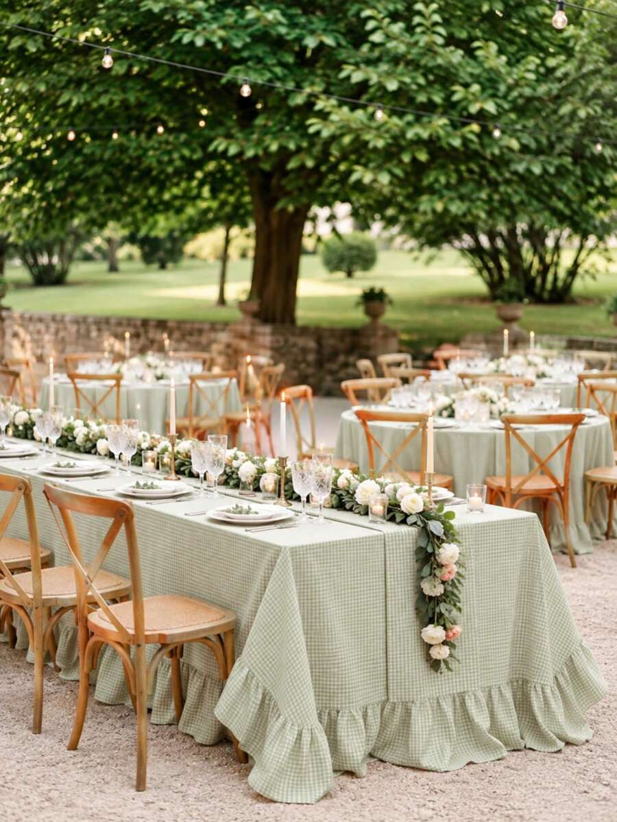 1pc Ruffle Edge Tablecloth, Fresh Country Style, Suitable For Dining Table Decoration, Picnic Tablecloth, Holiday Celebration, Wedding Party Gathering, Birthday Banquet, Daily Dining Table, Kitchen And Dining Room Decor, All Seasons, Home Decoration - Sprout Green - View 1