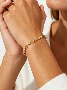 1pc Women's Rhinestone Coffee Bean Bracelet, Gold Stainless Steel Personalized Pig Nose Bracelet, Adjustable Bracelet For Daily Wear, Suitable As A Gift - Yellow Gold - View 5