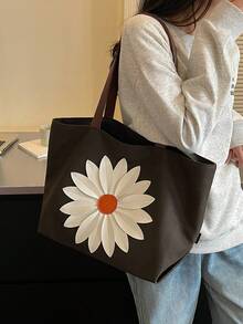 1pc 3D Floral Pattern Canvas Fabric Large Capacity Zipper Closure Casual Sweet Tote Shoulder Bag Suitable For Women's Daily Commute And Vacation - A - View 6