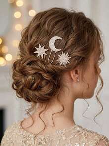 3pcs/Set Bohemian Style Sun Moon Star Hair Stick Set, Luxury Gold Shiny Rhinestone U-Shaped Hair Pins, Versatile Daily Photography Party Braided Hair Decoration Headpiece - Gold - View 10
