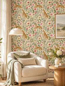 1 Roll Vintage Jungle Leopard Floral Self-Adhesive Wallpaper, Soft Pink Flowers Green Leaves Leopard Animal Pattern, Peel And Stick Waterproof Wall Decal For Nursery, Bedroom, Living Room, Cabinet DIY Renovation Decoration - Multicolor - View 5