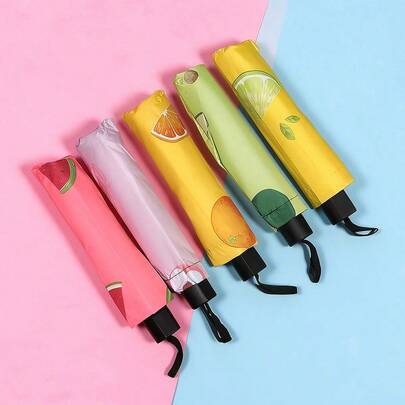 1pc Fresh Fruit Pattern Folding Umbrella, UV Protection Sunshade, Sun And Rain Dual Use, Manual Folding, Black Coating Anti-UV Sun Umbrella For Students And Women