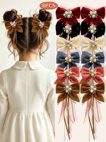 8pcs Cute Rhinestone Bow Ribbon Hair Clips For Girls, Princess Hair Accessories For Back Of Head And Side, Sweet Hair Clips For Daily Use - Red - View 1