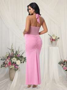 JustVH Gaun Maxi Hamil Model Duyung Tanpa Lengan dengan Lipatan Jala dan Detail Draping, Cocok untuk Pemotretan Baptisan Bayi - Berwarna merah muda - View 2