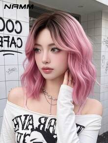 NAMM 14 Inch Highlight Bule Short Bob Curly Wavy Middle Part Wigs, Natural Synthetic Heat-ResistantFiber Hair For Daily Perfect For Cosplay Wear Holidays Music Festivals Celebrations - Multicolor - View 1