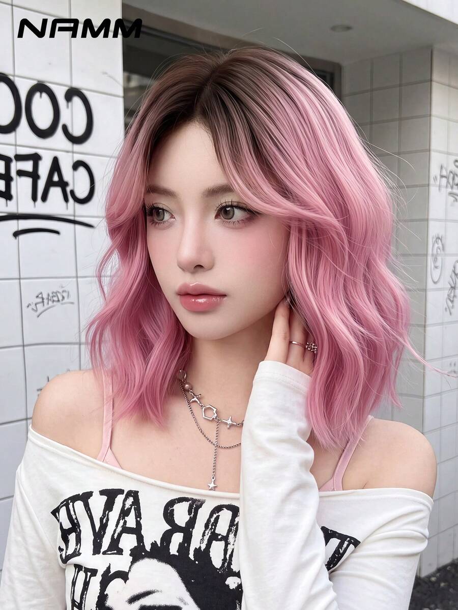 NAMM 14 Inch Highlight Bule Short Bob Curly Wavy Middle Part Wigs, Natural Synthetic Heat-ResistantFiber Hair For Daily Perfect For Cosplay Wear Holidays Music Festivals Celebrations - Multicolor - View 1