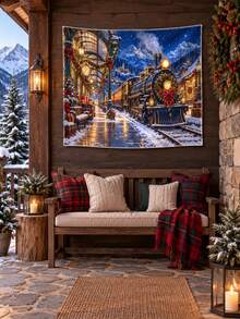 1PC Starlight Christmas Express Horizontal Wall Tapestry, Vintage Snowy Train Station Holiday Backdrop, Faux Ultra-Soft Polyester Single-Sided Print, White Overlock Edge, Multiple Sizes - Multicolor - View 6