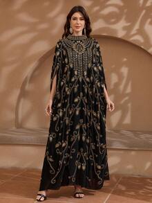 JINLICX Luxury Black Chiffon Kaftan Gold Leaf Sequin & Rhinestone Hand Beaded Cape Maxi Dress, - Black - View 1