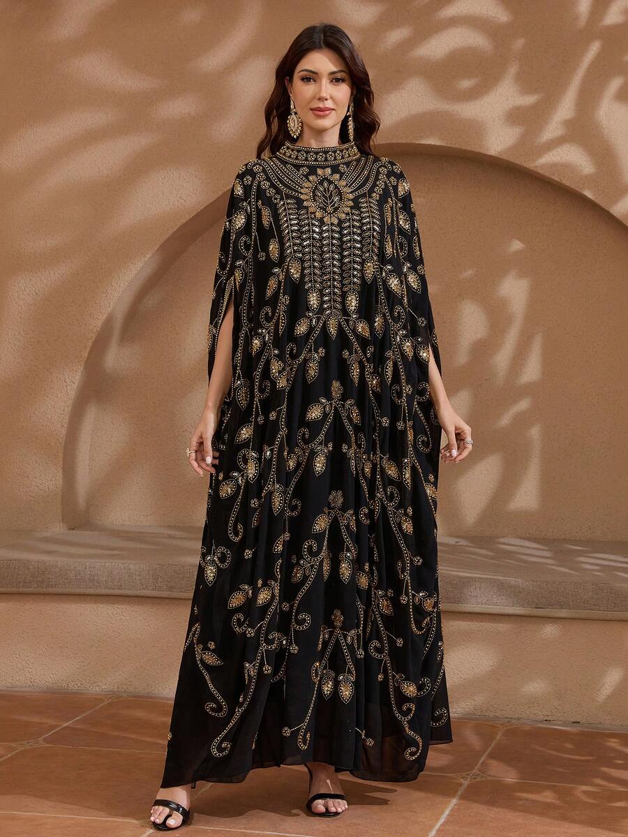 JINLICX Luxury Black Chiffon Kaftan Gold Leaf Sequin & Rhinestone Hand Beaded Cape Maxi Dress, - Black - View 1