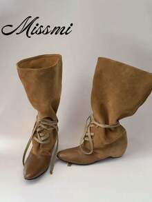 Autumn New Women's Black Low Chunky Heel High-Top Pointed Toe Leather Boots - Brown - View 1